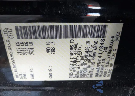 2017 Nissan Maxima 3.5 Sr z USA, uszkodzony, nr VIN 1N4AA6AP6HC417848